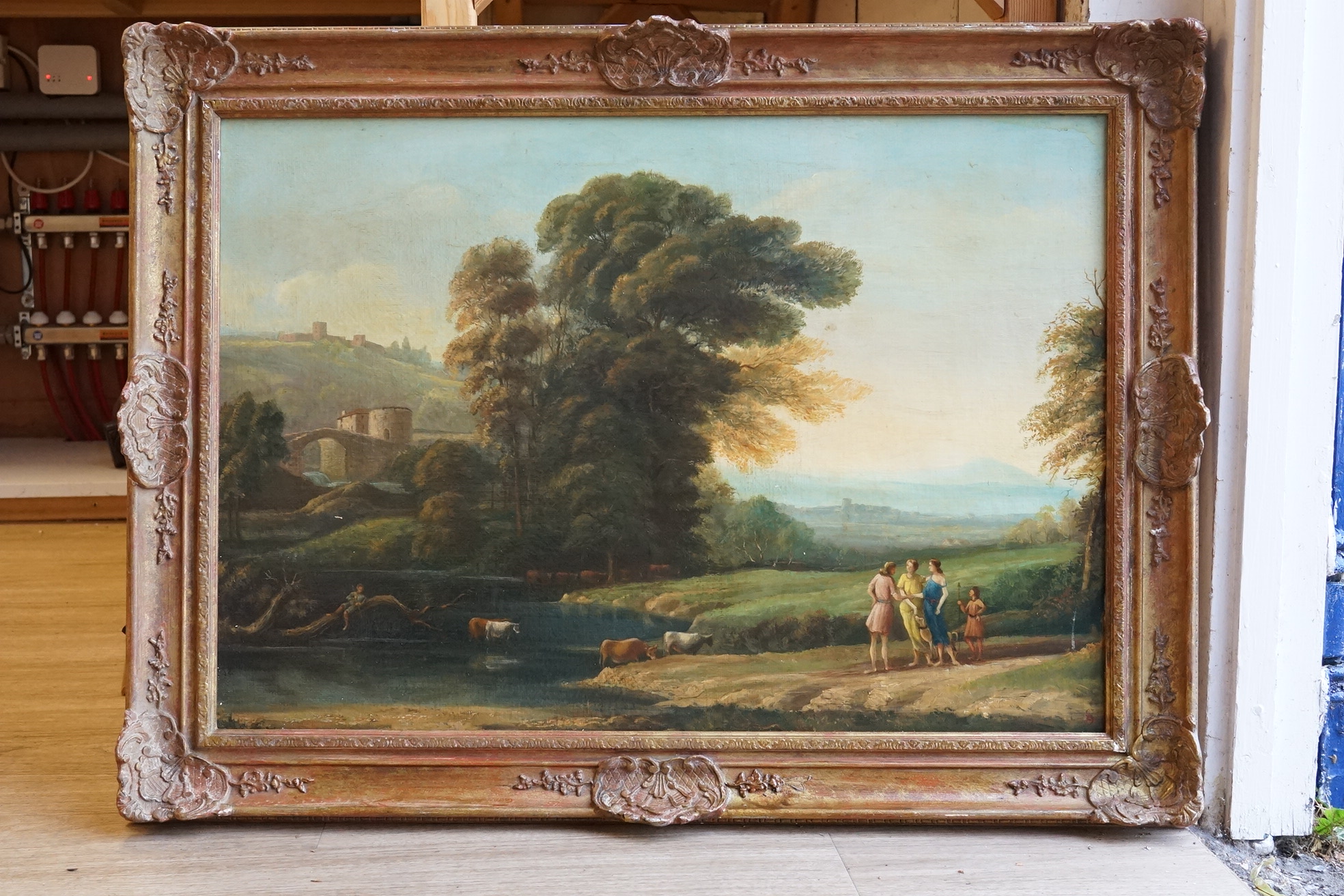 18th century style, Riverscape with cattle and figures, oil on board, 48 x 70cm, ornate frame